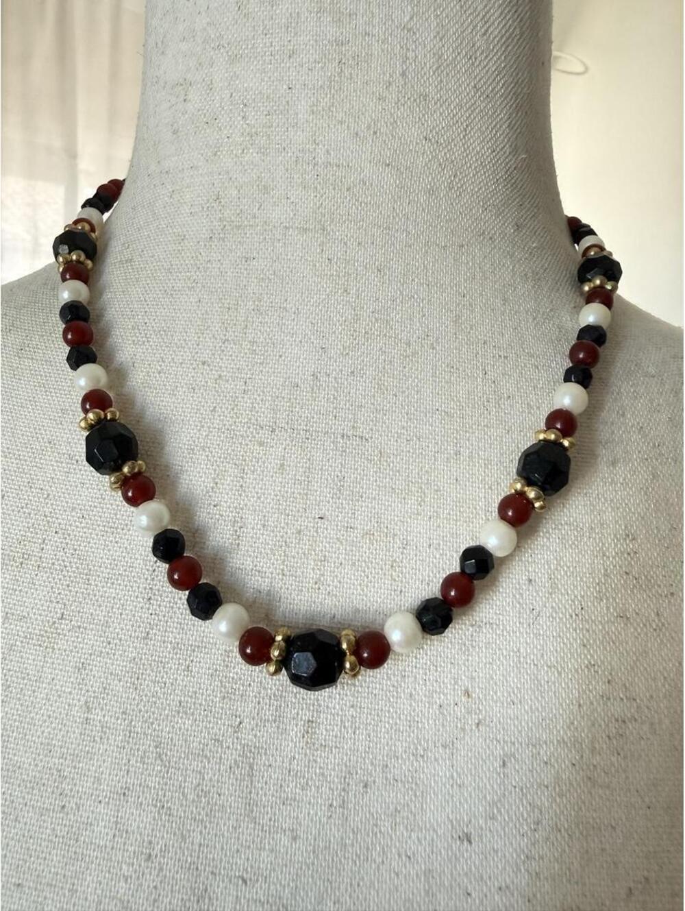Vintage Black Red & Faux Pearl Beaded Necklace